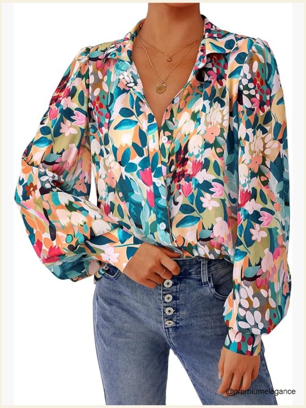 V Neck Floral Blouse Button Down Lantern Sleeve Boho Chiffon Spring Top
